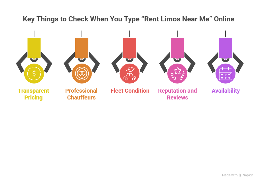 The image describes the five key things to check when you type “Rent limos near me” online to get the car for your event.