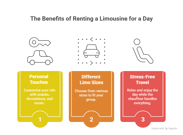 This infographic demonstrates the benefits of renting a limousine for your full-day trips.
