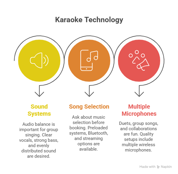 An infographic titled "Karaoke Technology" for a karaoke party bus, featuring three icons: sound systems for audio balance, song selection for streaming options, and multiple microphones for group duets.