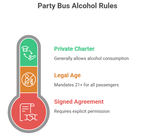 This image discusses the question of “Can you drink on a party bus?” by explaining the legal age limit and explicit permission.