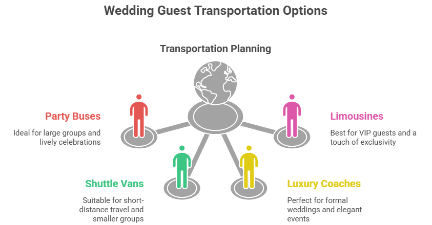 This image discusses the options of wedding guest transportation by discussing the vehicle options according to group size.