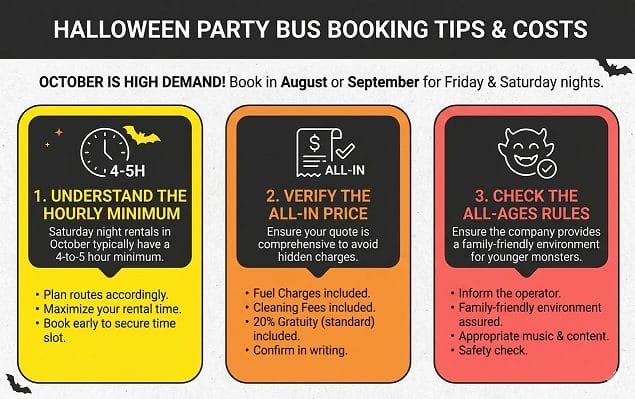 An infographic explaining some booking tips for Halloween party bus booking and costs.