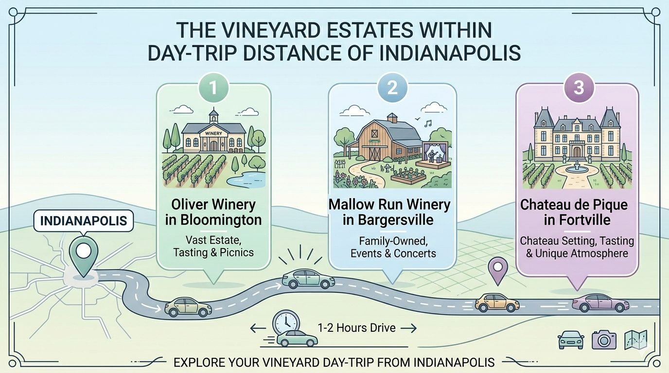 An infographic highlighting options for wine tasting Indianapolis day trips. It features a stylized map with three numbered destination cards detailing Oliver Winery in Bloomington, Mallow Run Winery in Bargersville, and Chateau de Pique in Fortville.