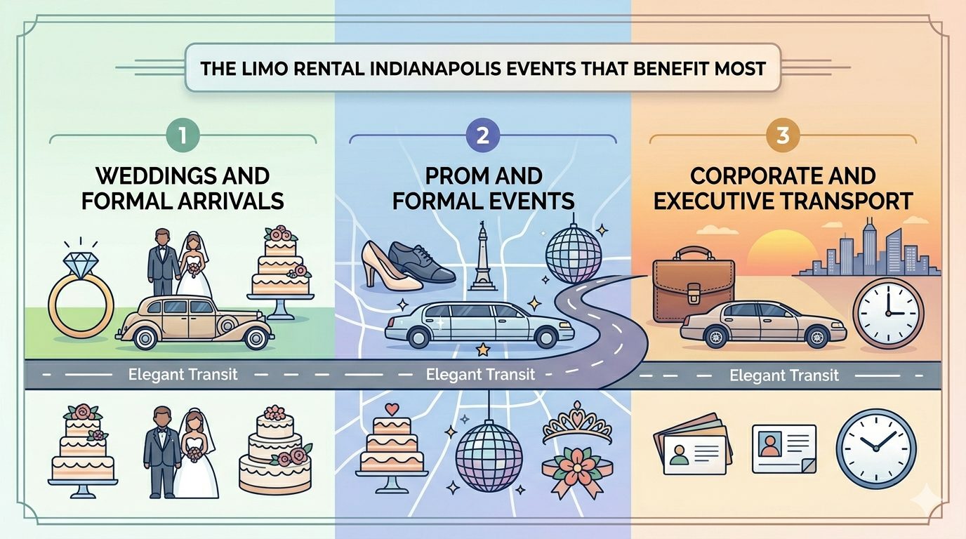 An infographic highlighting the best occasions for a limo rental Indianapolis. It features popular events, including luxury wedding transportation, prom and events transportation, and executive corporate travel.