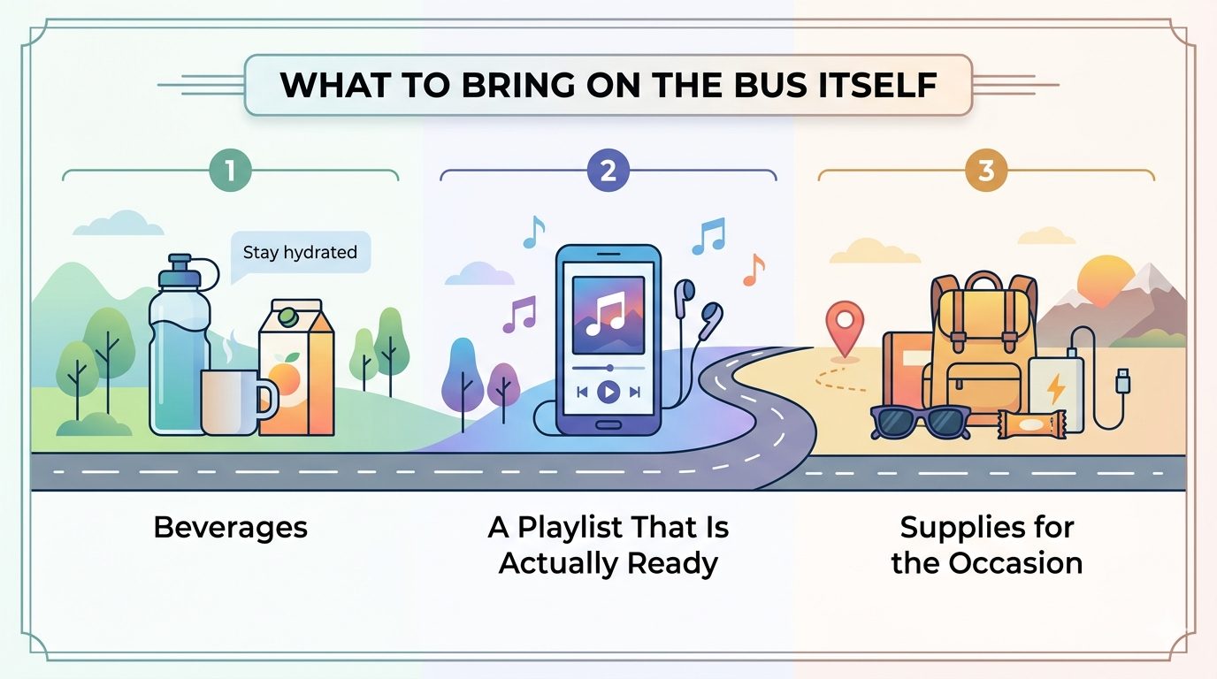 An infographic serving as a visual party bus checklist for passengers. It breaks down essential categories: beverages to stay hydrated, a music playlist that is actually ready, and supplies for the occasion.