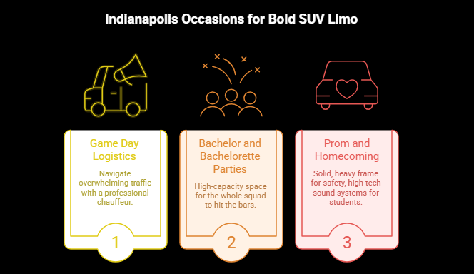 An infographic showing the three main Indianapolis occasions where people prefer SUV limo rental. These include game day logistics, bachelor/bachelorette parties, and prom, homecoming, or other school parties.