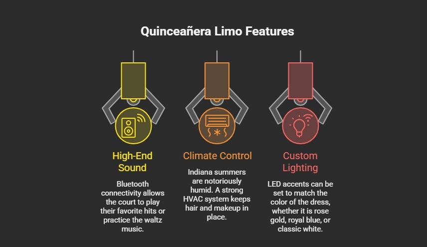 An infographic titled Quinceañera Limo Features showcasing three key amenities with icons: High-End Sound for custom music, Climate Control for preserving hair and makeup, and Custom Lighting with LED accents to match the event's color scheme. Each feature is represented by a stylized claw-machine icon on a clean, professional background.