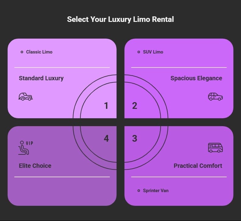 An infographic titled Select Your Luxury Limo Rental featuring a four-quadrant layout in shades of purple. It categorizes vehicle options into Classic Limo (Standard Luxury), SUV Limo (Spacious Elegance), Sprinter Van (Practical Comfort), and an Elite Choice (VIP) for premium services.